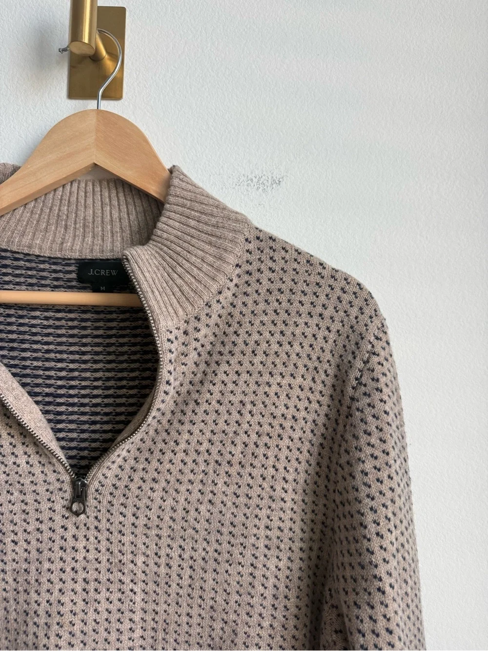 J.Crew Rugged Merino Birdseye Half Zip Sweater Tan Navy Men's Medium